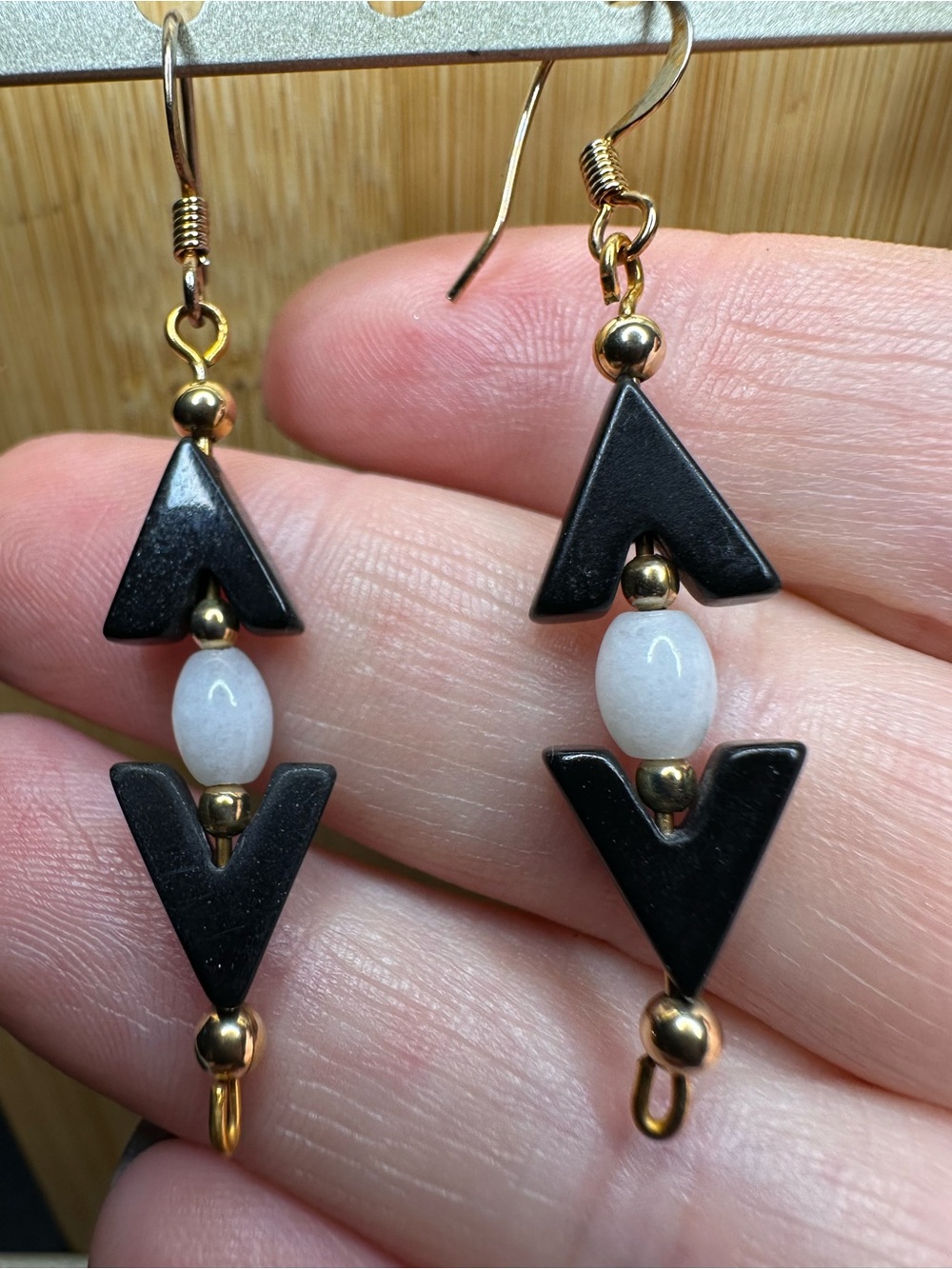Gold Filled  Black Onyx & White Jade Arrow Drop Earrings Gold filled Hooks